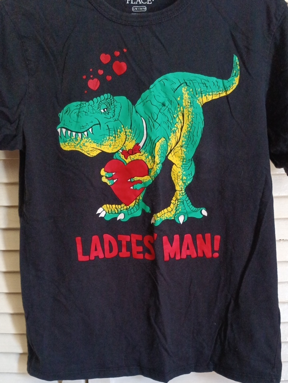 The Children's Place Black Tee with Green & Yellow T-Rex Holding Red Heart